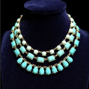 Vintage Faux Turquoise Gold Tone Bib Necklace Triple Row Statement